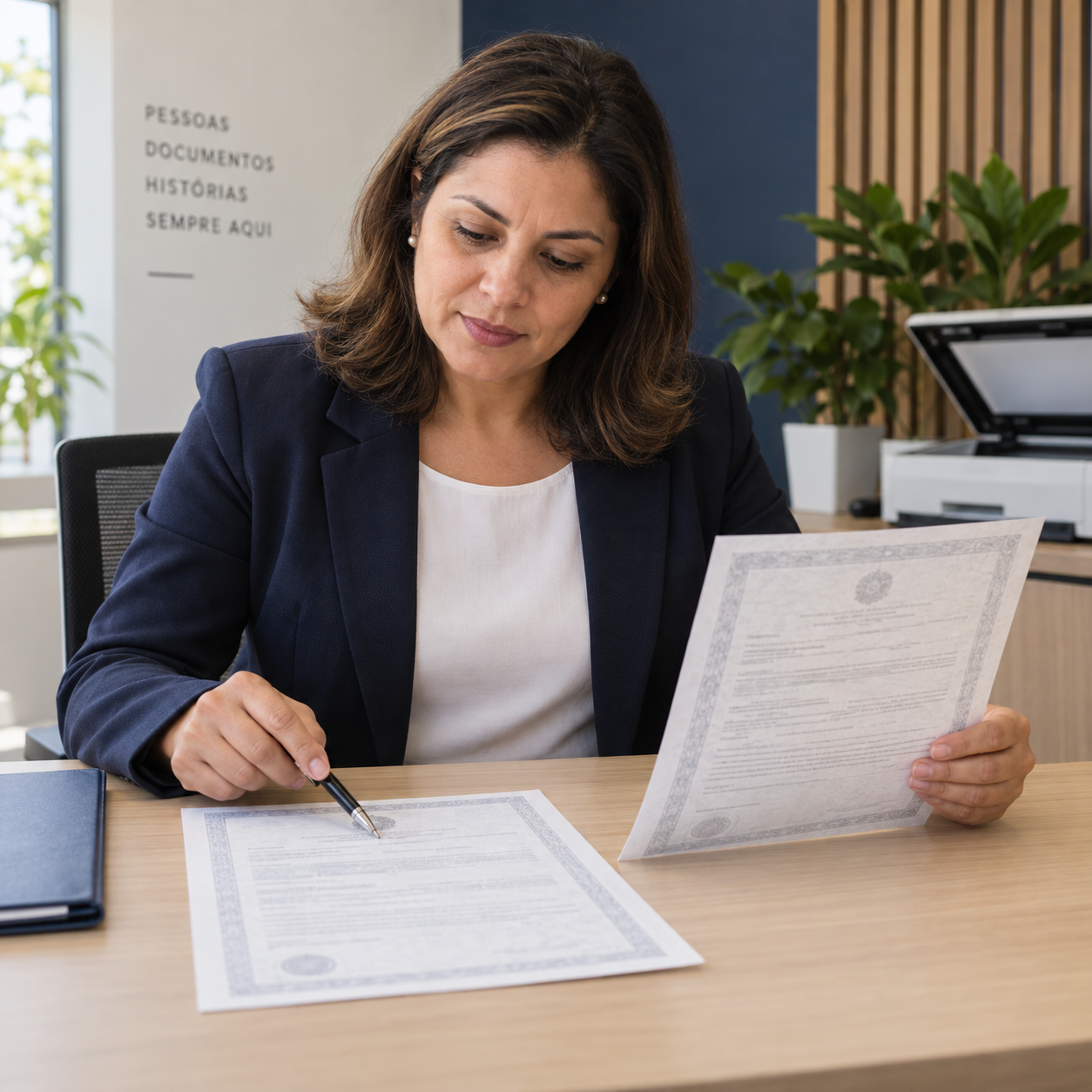 Profissional de cartório comparando um documento com sua cópia