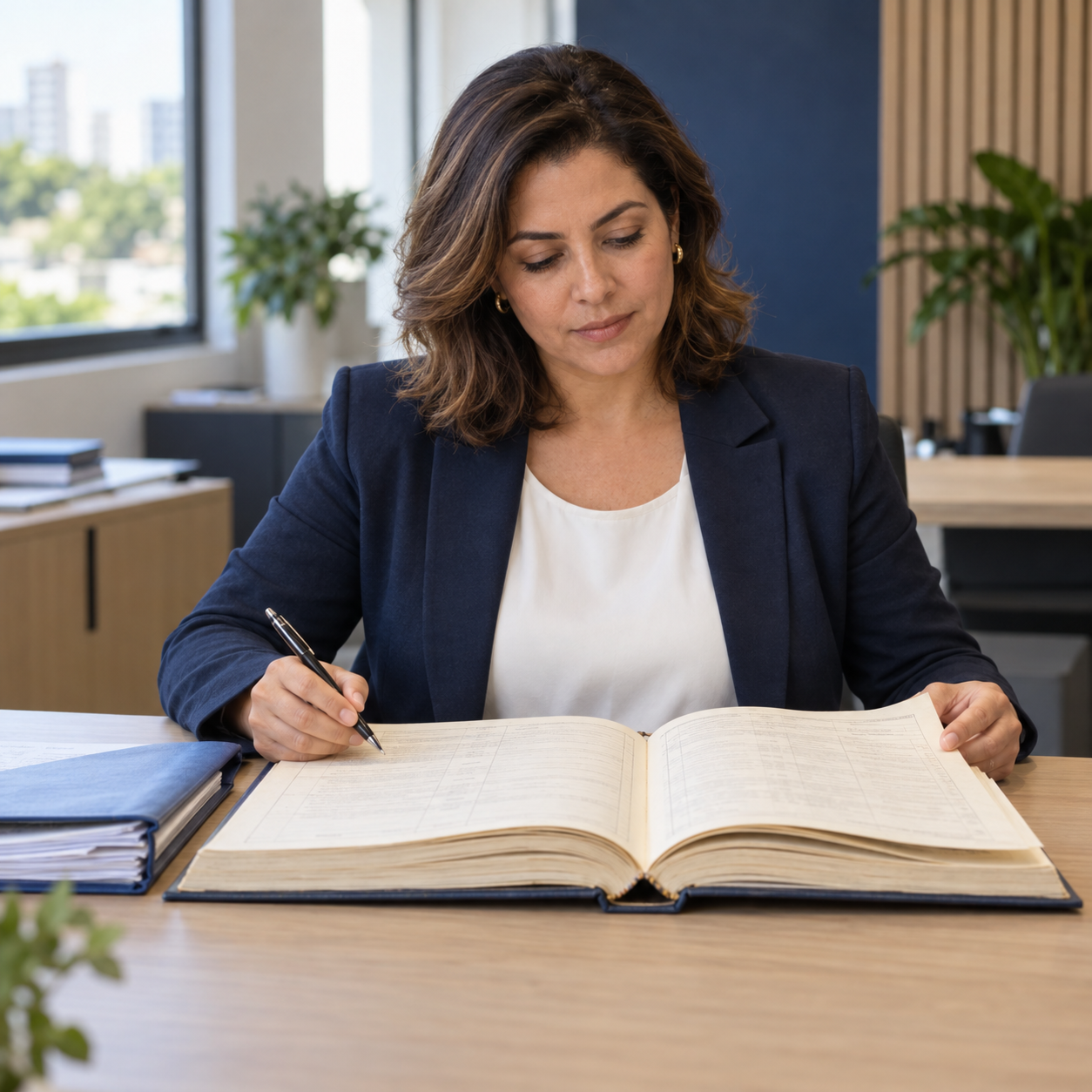 Profissional conferindo informações em um livro de registro civil