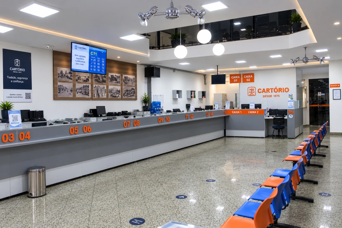 Balcão de atendimento com guichês numerados e cadeiras de espera