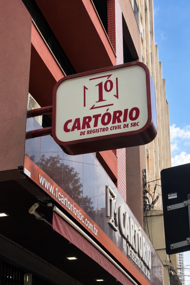 Letreiro do 1º Cartório na fachada do prédio