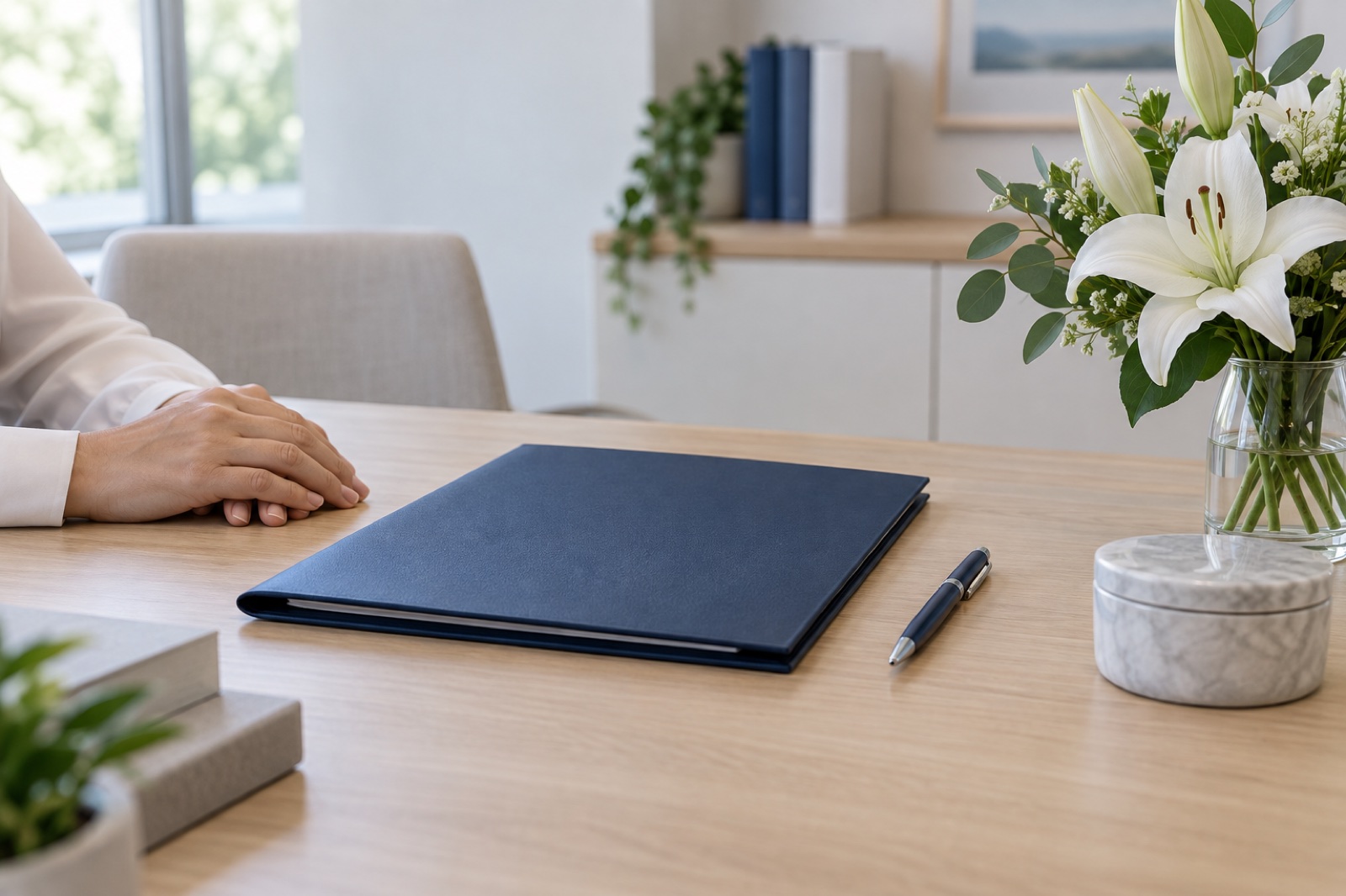 Mesa de atendimento com pasta de documentos e flores brancas